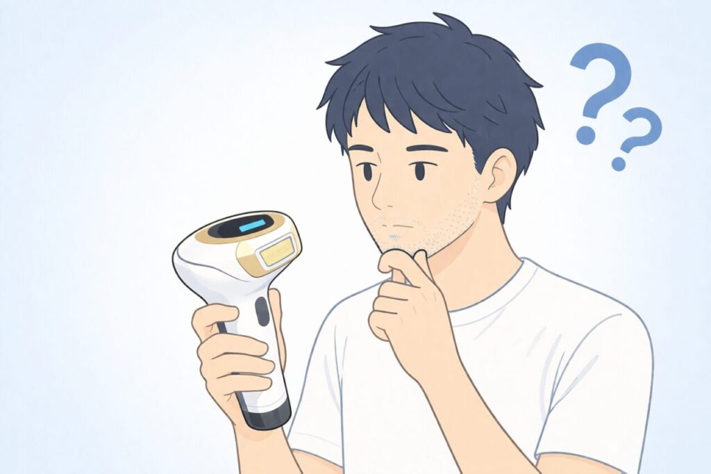 ケノンで青髭が薄くなるか悩む男性のイラスト