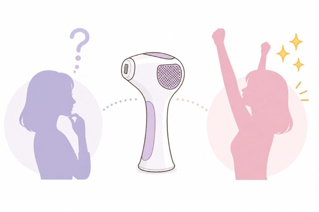 トリア4Xの購入先に迷う人と安全に選べて安心するイメージのイラスト