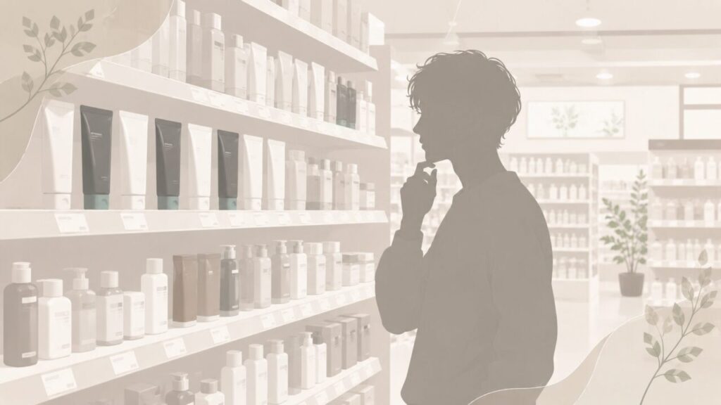 薬局でプレミアムリムーバーグートがないか商品棚を探している男性イメージ