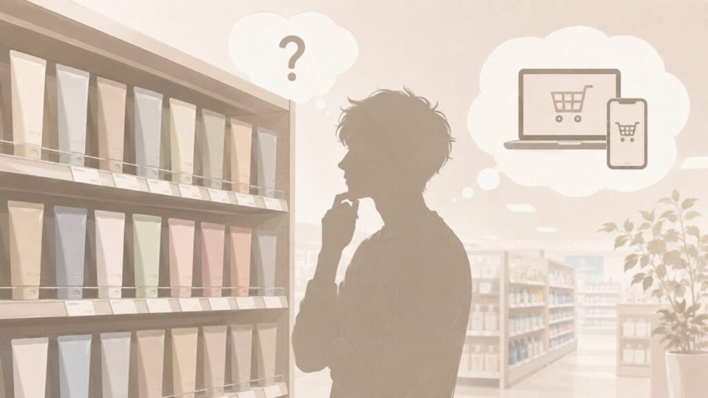 EVERSKIN除毛クリームを探して見つからず、ネットにあるかな?と考える男性イメージ