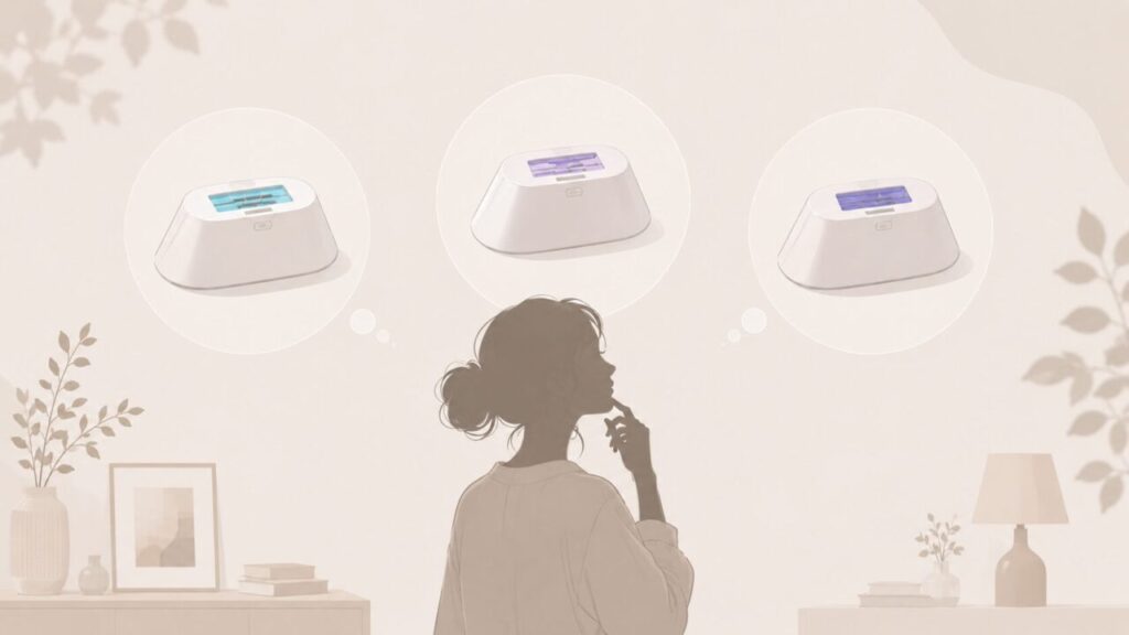 BiiTo2のフィルター3種類をどれが自分に合っているか考えている女性イメージ