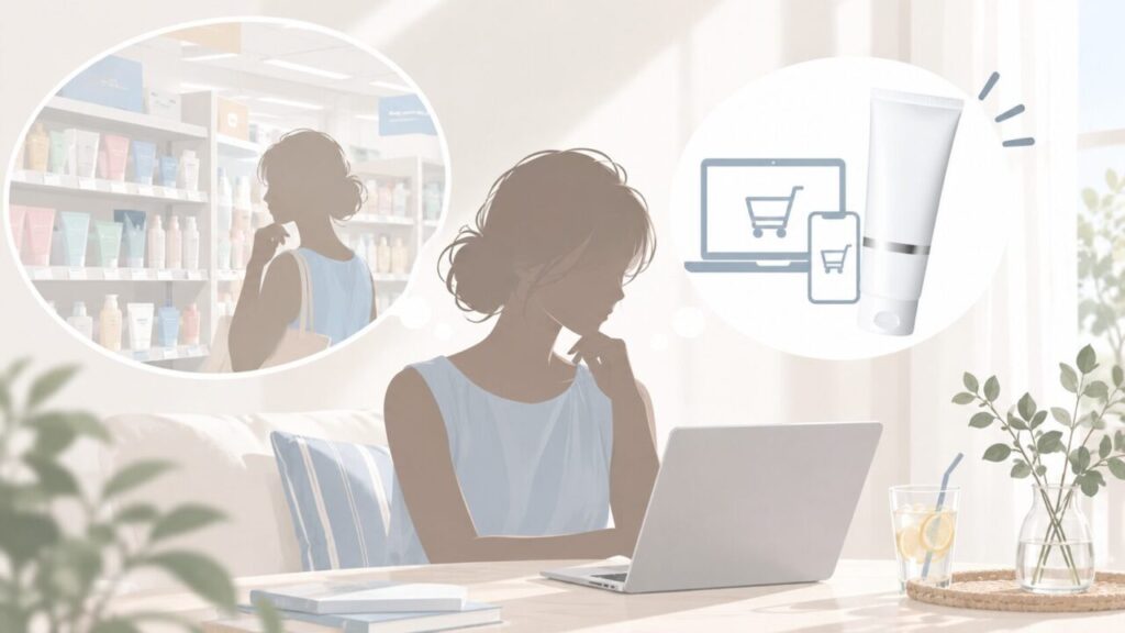 メディスホワイトがどこで売ってるのかを調べている女性イメージ