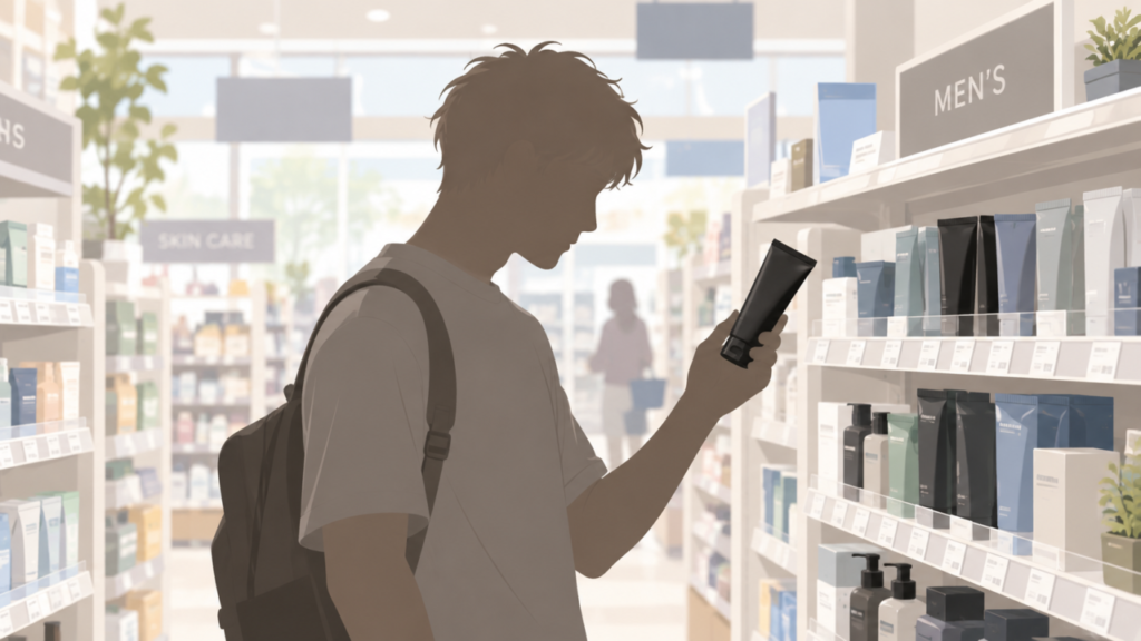 ドラッグストアの店内でメンズゴリラの除毛クリームを手に取っている男性イメージ